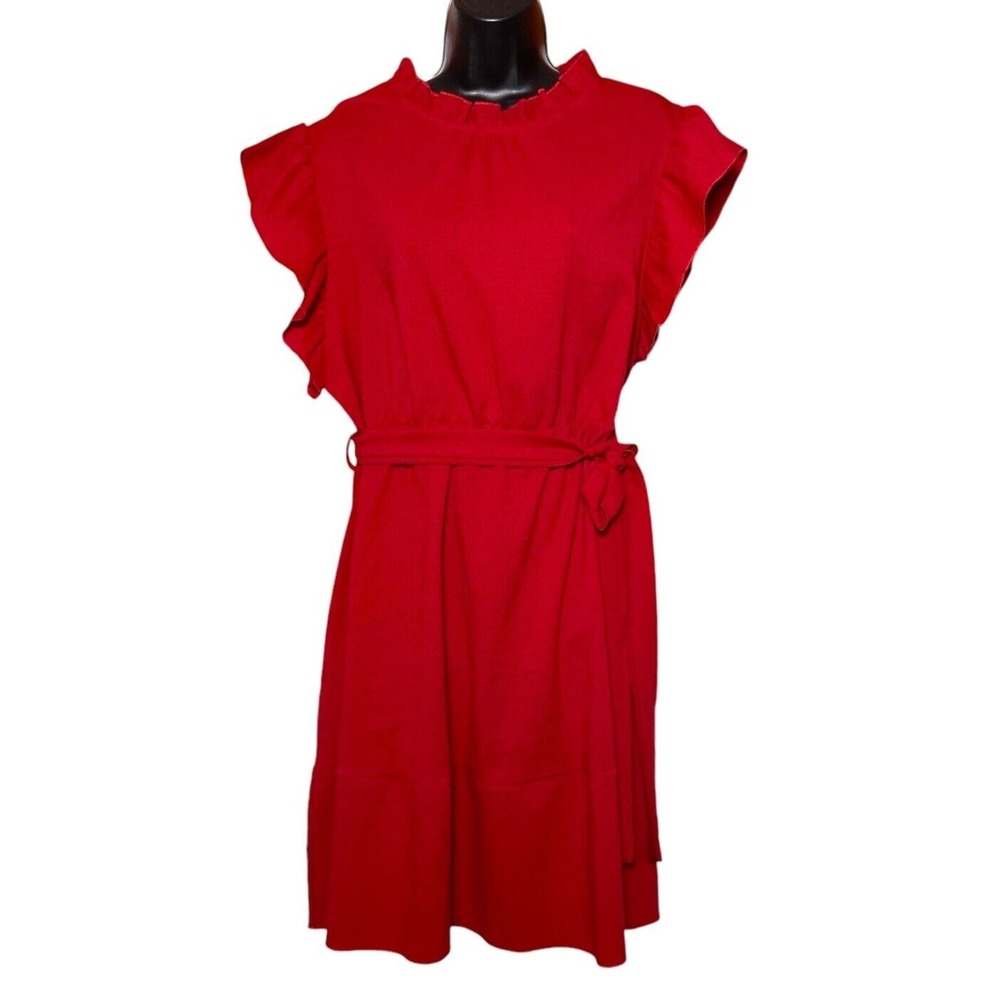 SHEIN Curve Sleeveless Ruffle Neck Belted Midi Red Dress Back Button Size 2XL - Picture 2 of 11